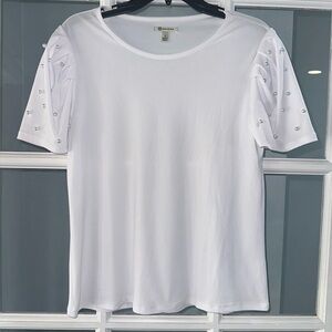 Women's White Bead Detail T-Shirt by Versona sz S Short Puff Sleeves Bride Fancy